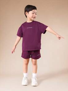 SUMWON Boys Purple Crew Neck T-Shirt And Shorts Co-Ord Set With Small Chest Logo Print Casual Summer Outfit - Purple - View 1