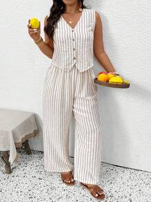 SHEIN Frenchy 大码女式休闲度假通勤条纹印花无袖背心和阔腿裤套装，春夏款 - 杏色 - 查看 7