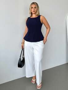 Auralis 大码女式夏季休闲日常办公通勤纯色蝴蝶结装饰褶皱无袖修身衬衫 - 藏蓝色 - 查看 5