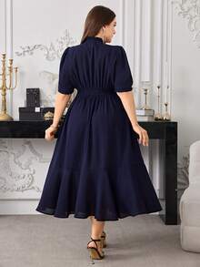 Modelyn 大码女式休闲修身短袖连衣裙，适合通勤和日常穿着 - 藏蓝色 - 查看 2
