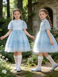 SHEIN Elladie kids 女童立领短袖刺绣花卉优雅夏季连衣裙 - 藍色 - 查看 4