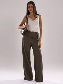 SHEIN BAE 女士棕色纯色斜纹不对称系带低腰简约长裤，适合通勤、休闲、时尚外出、复古风、办公穿着、深棕色长裤、法国南部度假、夏季穿着以及多种场合。 - 棕色 - 查看 1