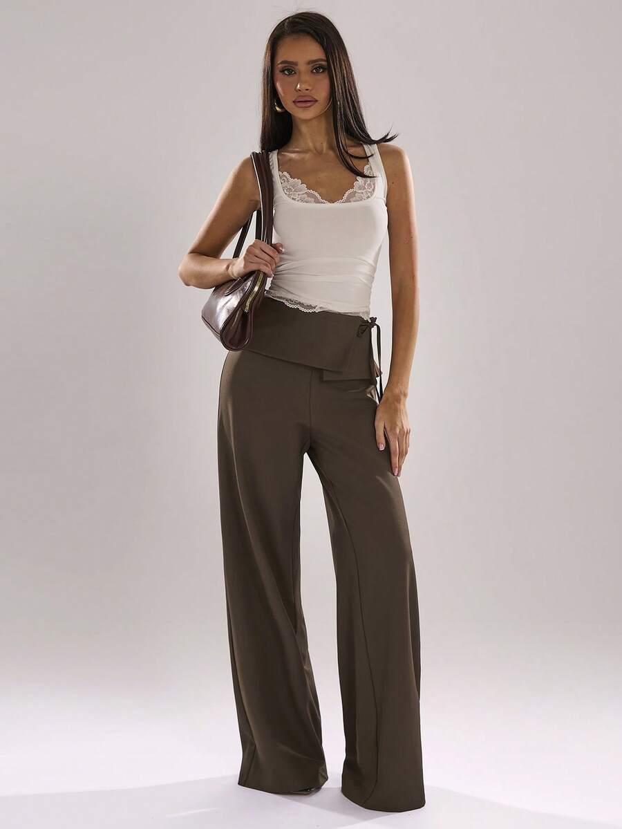 SHEIN BAE 女士棕色纯色斜纹不对称系带低腰简约长裤，适合通勤、休闲、时尚外出、复古风、办公穿着、深棕色长裤、法国南部度假、夏季穿着以及多种场合。 - 棕色 - 查看 1