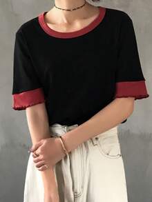 FRIFUL 女士春夏短袖撞色罗纹圆领休闲宽松百搭T恤 - 黑色 - 查看 2