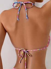 SHEIN Swim Vcay Áo bikini tam giác buộc dây cổ yếm in họa tiết cây nhiệt đới dành cho nữ, thích hợp cho kỳ nghỉ biển. - Nhiều màu - Xem 2