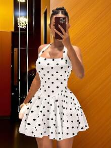 Slaydiva 2025 Nowa Elegancka Seksowna Sukienka Mini z Groszkami i Halterem w Ołówku, Idealna Na Imprezę, Urodziny, Bar, Klub Nocny, Walentynki, Halloween, Boże Narodzenie, Wesele, Koktajl - Czarne i Białe - Zobacz 6