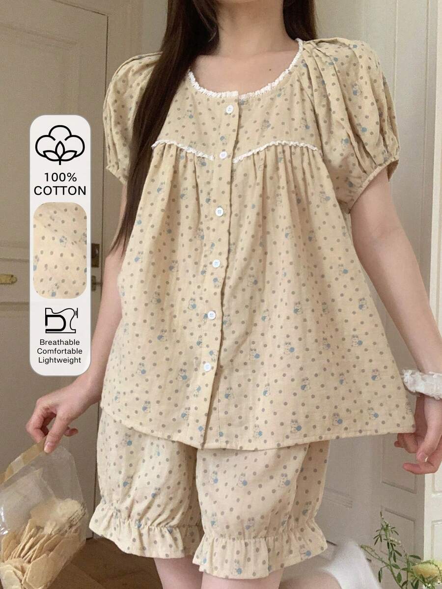 DAZY Summer Sweet Polka Dot Rabbit Print Contrast Trim Women Pajama Set - White - View 1