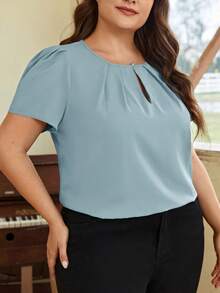 SHEIN Clasi Áo kiểu nữ cỡ lớn mùa hè, màu trơn, cổ mở, tay xếp ly, thích hợp mặc hàng ngày đi làm. - Màu xanh nhạt - Xem 3