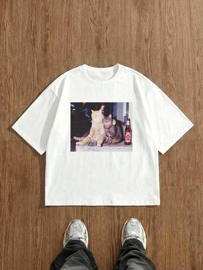 Manfinity Unisex 搞笑抽烟喝酒猫咪图案男士超大码表情包猫咪印花T恤