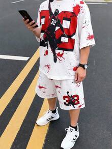 SHEIN Bộ 2 món thể thao thường ngày cho bé trai, kiểu dáng rộng rãi, họa tiết graffiti đường phố với 32 chữ cái và số, gồm áo thun ngắn tay và quần short, thích hợp cho các hoạt động ngoài trời, đi học, phong cách đường phố, tiệc tùng và giải trí, giá cả phải chăng, phù hợp cho mùa xuân, hè và thu. - Đỏ - Xem 5