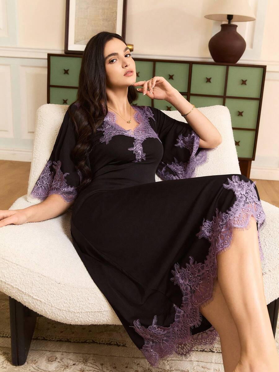 Moireta 女士优雅高端法式浪漫撞色迷人蕾丝拼接性感V领喇叭袖修身A字舒适针织睡裙 - 黑色 - 查看 1