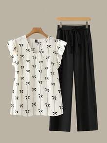 SHEIN LUNE CURVE 大码女式V领蝴蝶结印花上衣和阔腿裤休闲两件套 - 彩色 - 查看 1