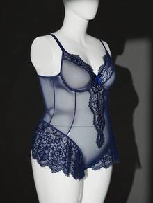 Spicy Aura Macacão Lingerie Plus Size Feminino com Laço, Renda e Contraste de Tule em Cor Sólida - Azul Royal - Visão 7