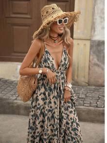 Brillora Vacation Outfits Women,Women's Summer Vacation All-Over Print V-Neck Sleeveless Dress Women Vacation Dress Deep V Neckline Dress Boho Maxi Dress Women Cheetah Print Dress Maxi Vacation Dress - Green - View 5