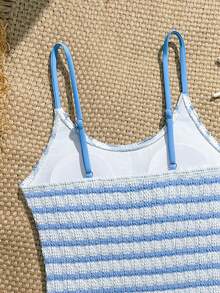 SHEIN 少女条纹吊带连体泳衣，适合海滩度假、泳池派对、沙滩派对 - 藍色 - 查看 4