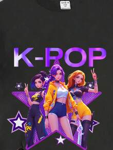 Camiseta casual versátil de manga corta y cuello redondo con estampado gráfico de Kpop girl - Multicolor - Ver 8