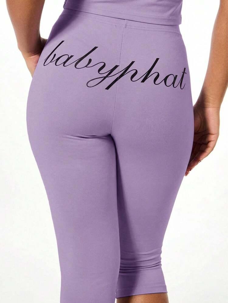 BABYPHAT Women's Purple Lavender Basic Jersey Capri Leggings With Script Text Print Comfortable Mid Length Casual Bottoms