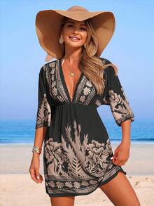 Swim Lushoire 女士沙滩装夏季网纱印花V领修身腰身优雅度假连衣裙罩衫 - 黑色 - 查看 1