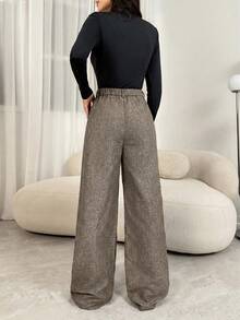 SHEIN Tall 教师装女装灰色褶裥优雅长裤带口袋，秋冬灰色高腰阔腿裤宽松大码裤商务职业女装宽松阔腿裤秋季女装冬季女装外出下装 - 咖啡棕 - 查看 3