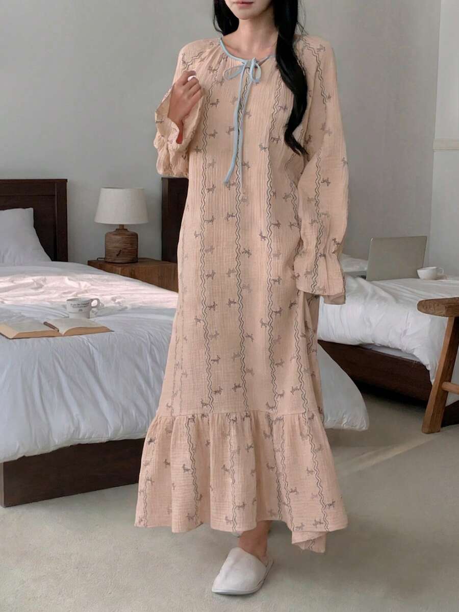 DAZY 波浪纹可爱小狗印花长袖宽松休闲连衣裙（女款） - 粉色 - 查看 1