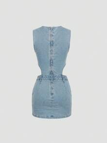 SHEIN MOD Women's Y2K Fitted Versatile Hollow-Out Denim Bodycon Dress - Light Wash - View 3