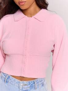 MUSERA Knit Button Down Collar Detail Cardigan Co-Ord Top Only Streetwear Coolgirl Winter Sexy Casual Odd Drift - Pink - View 6