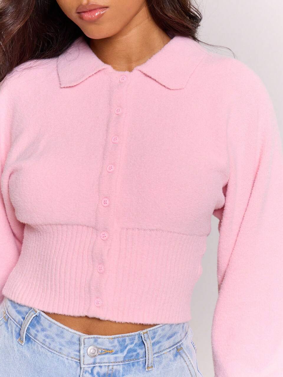 Cardigan com Detalhe de Colarinho Abotoado em Tricô, Peça Superior Co-Ord, Streetwear, Garota Legal, Inverno, Sexy, Casual, Diferente