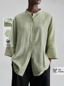 Ontre 2026春夏新款薄荷绿舒适柔软面料宽松七分袖优雅婚礼宾客衬衫，简约浪漫法式时尚奢华都市商务休闲办公装，低调复古高端通勤机场邮轮必备百搭季节性新娘衬衫 - 綠色 - 查看 1