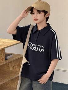 Dazy Kids Áo thun nam dáng rộng, in chữ và sọc bên hông, thích hợp mặc mùa hè. - Màu xanh hải quân - Xem 3