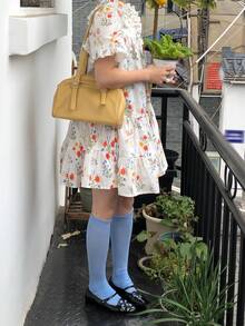 DAZY Women's Floral Print Frill Trim Front Tie Loose Blouse - White - View 7