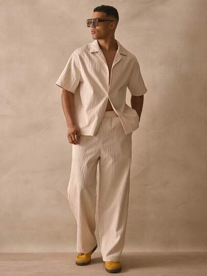 Musero Slim Fit Pleated Trouser Button Through Short Sleeve Revere Collar Textured Co Ord Set Outfit Spring Summer Essentials