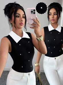 Rafferiza Women's Elegent Black And White Shirt Collar Patchwork Pearl Decor Fitted Camisole,Stylish Summer Work Sleeveless Knitted Fabric Tank Top - Black - View 1