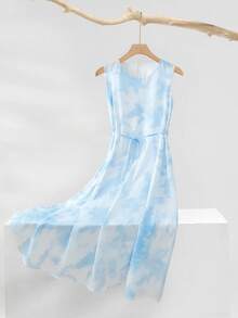 SHEIN LUNE 女士休闲舒适简约圆领无袖收腰长款蓝色碎花沙滩度假连衣裙 - 淺藍色 - 查看 1