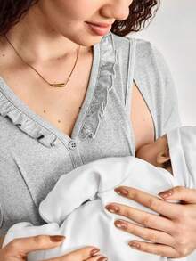 Moonlight&Mama Comfortable, Casual, Soft Ruffled Nursing Maternity Nightgown - Grey - View 7