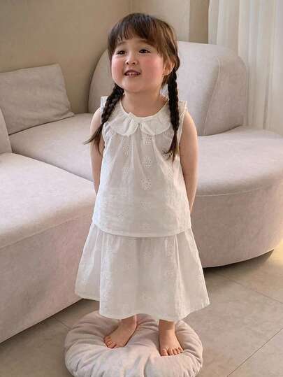 DAZY Infant/Toddler Girls' Round Neck Lace Sleeveless Shirt & Skirt 2-Piece Set, Korean Style