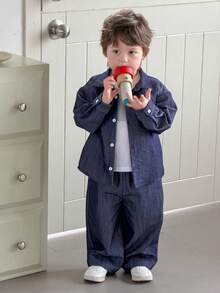 DAZY Toddler Boys' Turndown Collar Long Sleeve Korean Style Embroidered Denim - Blue - View 1