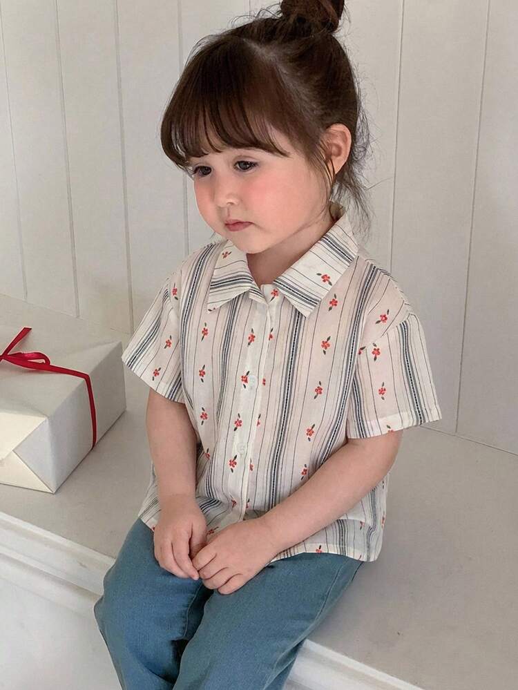 Baby Girl Allover Striped Korean Style Short Sleeve Top