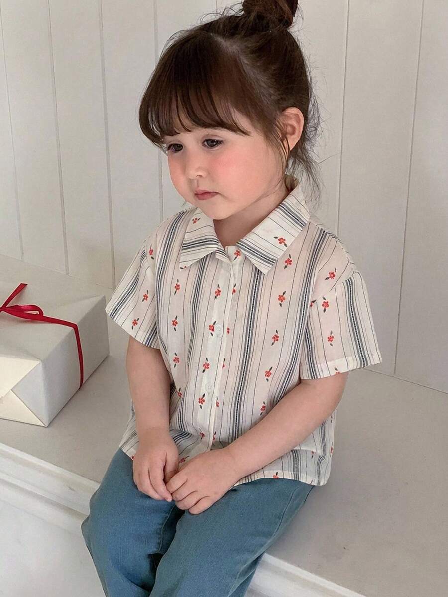 DAZY Maglietta a maniche corte a righe su tutto il capo, stile coreano, per neonati/bambini piccoli - Bianco - Visualizzare 1