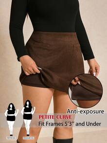 SHEIN PETITE CURVE 大码纯色休闲/工作半身裙，夏季休闲小码曲线款 - 棕色 - 查看 1