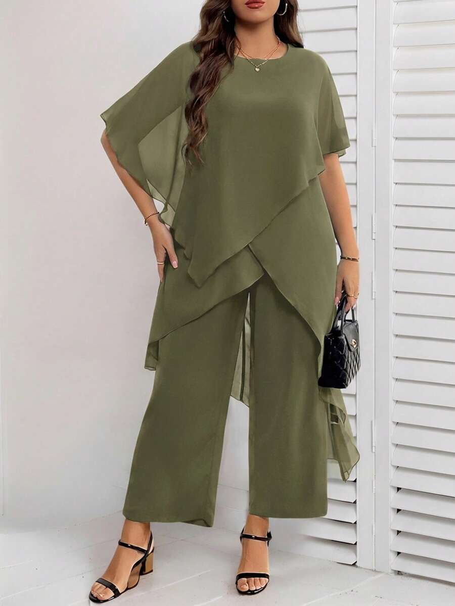 Reflora Plus Size Summer Elegant Solid Color Asymmetric Hem Top And Pants 2 Pieces Set - Army Green - View 1