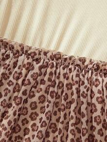 SHEIN Knit Contrast Mesh Leopard Print Girls (Toddler) Dress - Apricot - View 9