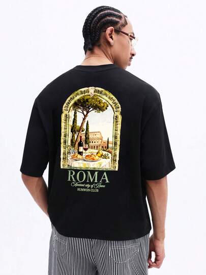  Camiseta SUMWON Vintage Roma com estampa gráfica da cidade antiga, manga curta e gola redonda, com estampa de arquitetura italiana, estilo casual de verão para uso urbano e férias.