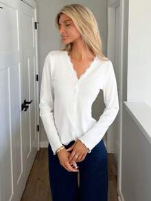 Sydney Algeri 女士蕾丝荷叶边修身开衫长袖白色上衣 - 白色 - 查看 1