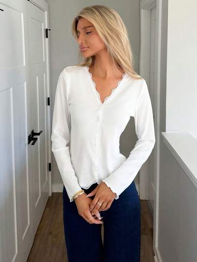 Sydney Algeri 女士蕾丝荷叶边修身开衫长袖白色上衣