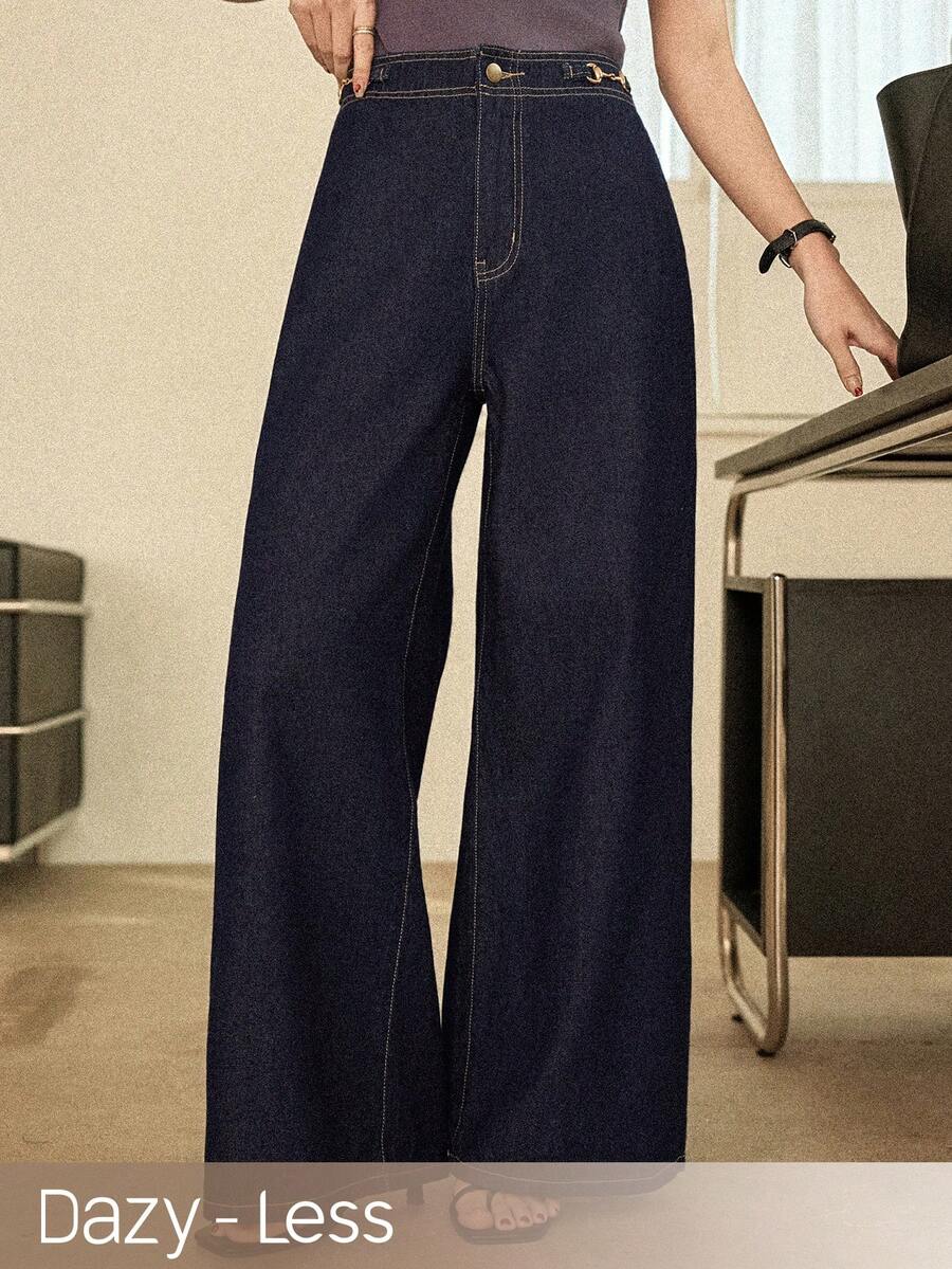 Dazy-Less 女士休闲斜插口袋阔腿牛仔裤 - 藍色 - 查看 1