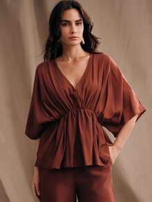 Anewsta Spring New V-Neck Batwing Sleeve Cinched Waist Loose Women Shirt - Burgundy - View 1