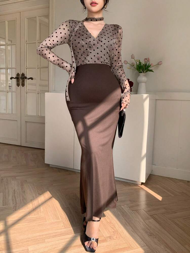 Spring & Summer Brown Polka Dot Printed 2 In 1 Splice Music Festival, Valentine's Day, Wedding Party, Banquet, Ball Gown, Fashion Party, Elegant Commute Waist-Cinched Mermaid Dress With Long Sleeves For Women Sundress