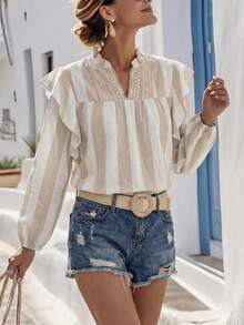 SHEIN Holidaya Women's Khaki Striped Notched-Neck Loose Shirt,Blue And White Stripe,Autumn,Boho,Vacation,Holiday,Ruffled Long Sleeve Lace Trim Peasant Blouse Tops - Khaki - View 7