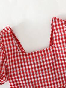Cozy Pixies 女童格子图案圆领花瓣袖收腰休闲舒适连衣裙 - 紅色 - 查看 7