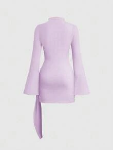 Sweetra Waist-Cinching Minimalist Flare Sleeve Bodycon Cinched Waist Dress - Mauve Purple - View 2